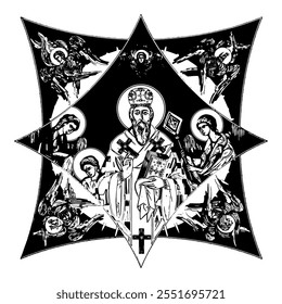 Basil of Ostrog on cross dome with 4 apostles, angels and seraphim. Ink illustration black and white in Byzantine style isolated