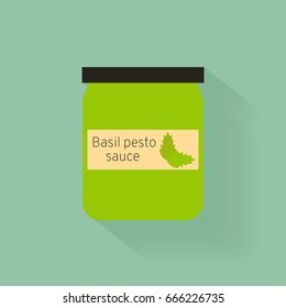 Basil pesto sauce. Glass jar with basil leaves Semi flat modern vector illustration.