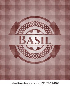 Basil red emblem or badge with geometric pattern background. Seamless.