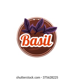 Basil Spice. Decorative Vector Illustration. Stickers with wooden texture and names of spices