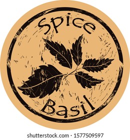 Basil spice view icon vector round shabby emblem design, old retro style. Basil leaves spicy ingredient logo mail stamp on craft paper. Cooking ingredient vintage grunge sign.