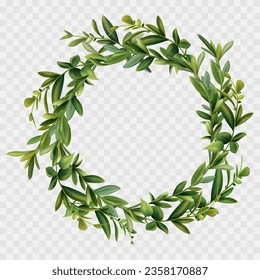Basil wreath 3d. Fragrant plant branch, round frame, kitchen design decoration. Green spice leaves for cover notepad design, cooking notes, poster, banner. Fresh basil leaves. Vector illustration.