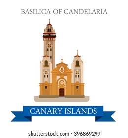 Basilica of Candelaria in Canary Islands. Flat cartoon style historic sight showplace attraction web site vector illustration. World countries cities vacation travel sightseeing Africa collection.