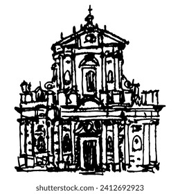 Basilica della Collegiata in Palermo, Sicily. Façade of Sicilian Baroque church in Italy. Hand drawn linear doodle rough sketch. Black and white silhouette.