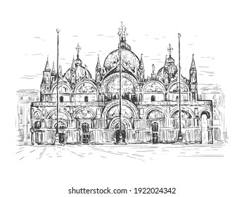 Basílica de San Marco en Venecia, Italia. Lugar de Venecia. Esbozar ilustración vectorial. Línea negra aislada en blanco. Diseño de época para la impresión de camisetas, postal, póster, portada