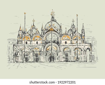 Basílica de San Marco en Venecia, Italia. Lugar de Venecia. Esbozar ilustración vectorial. Diseño de época para la impresión de camisetas, postal, póster, portada