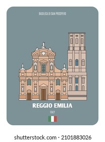 Basilica Di San Prospero in Reggio Emilia, Italy. Architectural symbols of European cities. Colorful vector 