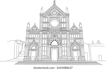 Basilica di Santa Croce Florence Line Art, Simple black and white line art illustration of the iconic Basilica di Santa Croce in Florence, Italy. A famous landmark and historical site.