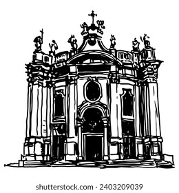 Basilica di Santa Croce in Gerusalemme. Rome, Italy. The Basilica of the Holy Cross in Jerusalem. Façade of Baroque Catholic Church. Hand drawn linear doodle rough sketch. Black and white silhouette.