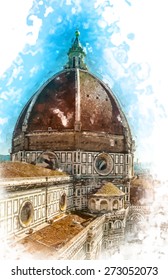 The Basilica di Santa Maria del Fiore, Basilica of Saint Mary of the Flower in Florence. Beautiful postcard from Italy. Travel background