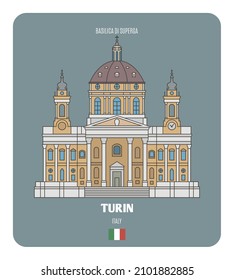 Basilica di Superga in Turin, Italy. Architectural symbols of European cities. Colorful vector