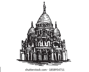 sacré-coeur basilica hand drawn sketch vector illustration. freehand church