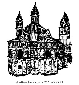 Basilica of the Holy Apostles in Cologne, Germany. Romanesque Catholic church. Hand drawn linear doodle rough sketch. Black and white silhouette.