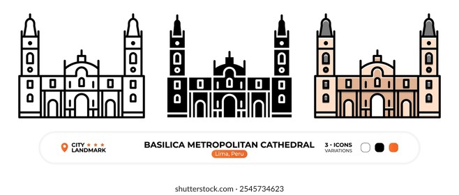 Basílica Metropolitana Catedral Linha Ícone. Lima Peru, Símbolo de Cor Capital, Sinal de Resfriamento, Traço Editável.