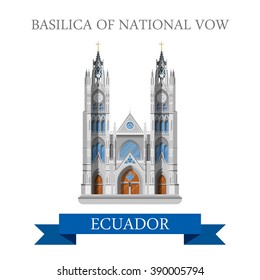 Basilica of National Vow in Ecuador. Flat cartoon style historic sight showplace attraction web site vector illustration. World countries cities vacation travel sightseeing South America collection.