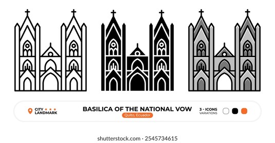 Basilica of the National Vow Line Icon. Quito Ecuador, Capital Color Symbol, Silhouette, Editable Stroke.