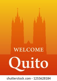 Basilica of the National Vow, Silhouette of Cathedral Towers in Quito, Ecuador. Vector welcome invite banner orange color.