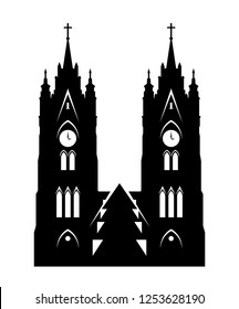 Basilica of the National Vow - Silhouette of Cathedral Church Towers in Quito, Ecuador. Vector illustration of Ecuadorian Church isolated on white.