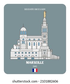 Basilica Notre-Dame de la Garde in Marseille , France. Architectural symbols of European cities. Colorful vector 