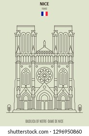 Basilica of Notre-Dame de Nice, France. Landmark icon in linear style