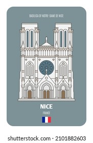 Basilica of Notre-Dame de Nice, France. Architectural symbols of European cities. Colorful vector