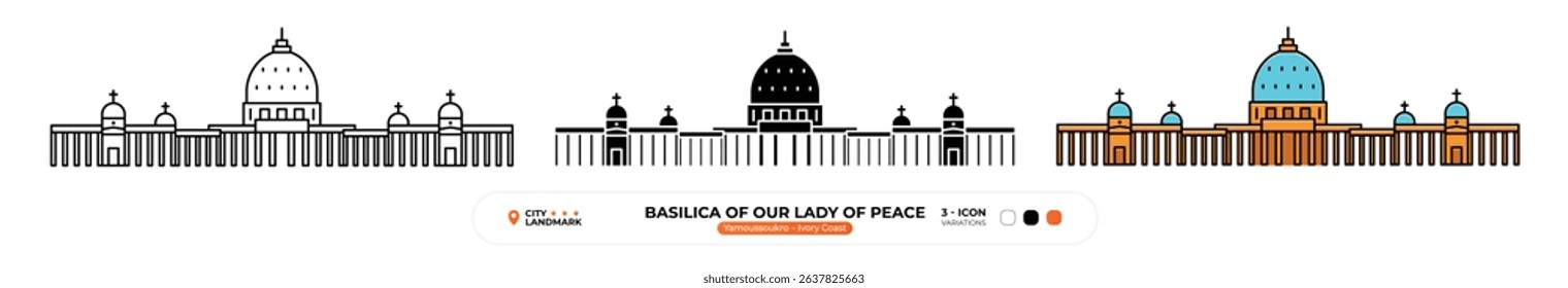 Basilica of Our Lady of Peace Line Icon. Yamoussoukro, Ivory Coast, Landmark, Silhouette, Color Vector, Editable Stroke.