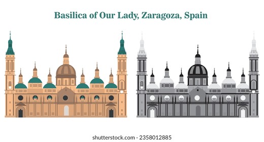 Basilica of Our Lady, Zaragoza, Spain In earthy tones, black and white and silhouette on white background
