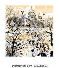 Basilica Sacre Coeur at Montmartre in Paris, France - vector illustration