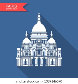 Basilica of the Sacre Coeur Paris. Flat vector icon with long shadow