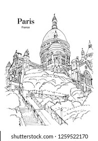 BASILICA SACRE COEUR, PARIS, FRANCE: View to Basilica Sacre Coeur at Montmartre. Hand drawn sketch. Post card, poster, calendar.