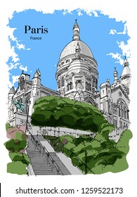 BASILICA SACRE COEUR, PARIS, FRANCE: View to Basilica Sacre Coeur at Montmartre. Hand drawn sketch. Post card, poster, calendar.