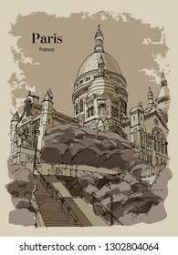 BASILICA SACRE COEUR, PARIS, FRANCE: View to Basilica Sacre Coeur at Montmartre. Hand drawn sketch. Post card, poster, calendar.