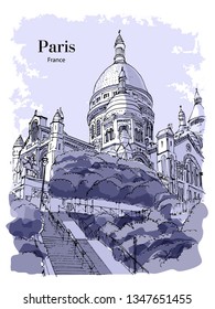 BASILICA SACRE COEUR, PARIS, FRANCE: View to Basilica Sacre Coeur at Montmartre. Hand drawn sketch. Post card, poster, calendar.