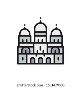 Basilica of the Sacred Heart, landmark of Paris, France flat color line icon.