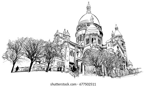 Basilica of the Sacred Heart, Paris, France - vector illustration