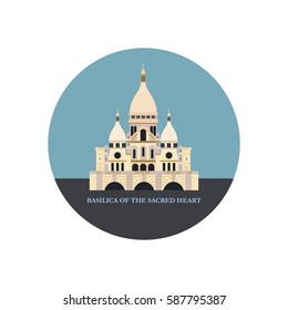 Basilica of the sacred heart. Vector illustration, icon, round shape.