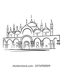 Basílica de San Marcos dibujo doodle ilustración. aislado en blanco. Atracción de Venecia, símbolo de Italia para el cartel de viaje, Anuncio turístico, recuerdos, camiseta, diseño de mapa. Vector gráfico