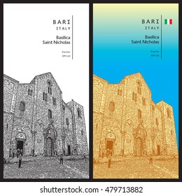 Basilica of Saint Nicholas (basilica di San Nicola) in Bari, Puglia, Italy. Vector illustration.
EPS 10. Image reworked after Auto-Trace. Easy editable.