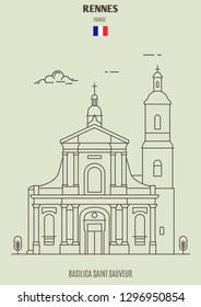 Basilica Saint Sauveur in Rennes, France. Landmark icon in linear style