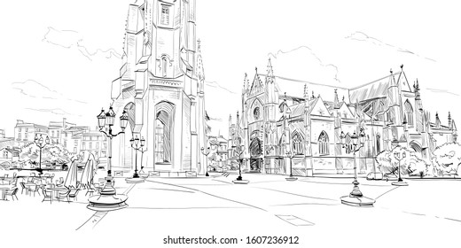 Basilica of Saint-Michel. Bordeaux. France. Hand drawn sketch. Vector illustration.