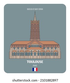 Basilica of Saint-Sernin in Toulouse, France. Architectural symbols of European cities. Colorful vector