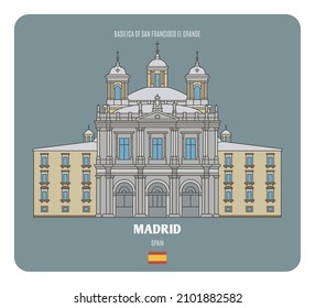 Basilica of San Francisco el Grande in Madrid, Spain. Architectural symbols of European cities. Colorful vector