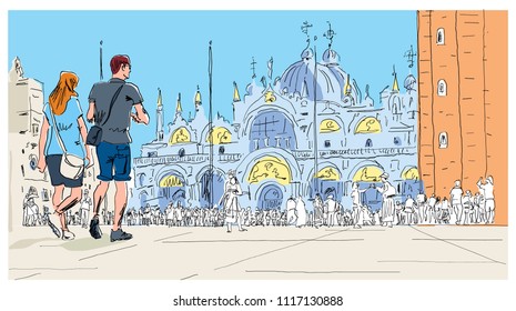 Basilica San Marco in Venice, Italy, urban hand drawn sketch vector illustration