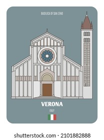 Basilica of San Zeno in Verona, Italy. Architectural symbols of European cities. Colorful vector 