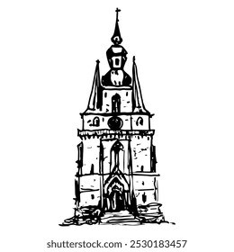 Basilica of St. Wendelin, Saarland, Germany. Gothic church in Sankt Wendel. Medieval architectural monument. Hand drawn linear doodle rough sketch. Black and white silhouette.