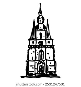 Basilica of St. Wendelin, Saarland, Germany. Gothic church in Sankt Wendel. Medieval architectural monument. Hand drawn linear doodle rough sketch. Black and white silhouette.