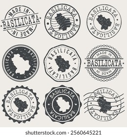 Basilicata, Italy Set of Stamps. Country Travel Marks. Made In Product. Design Seals Old Style Insignia.