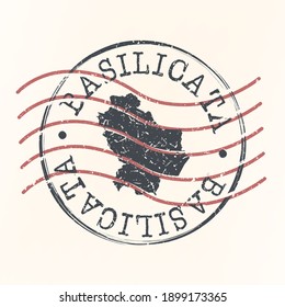 Basilicata, Italia Stamp Postal. Mapa de la foca de silueta. Diseño de redondeo de Passport. Icono del vector. Design Retro Travel.