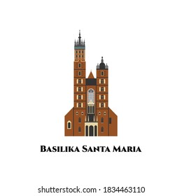 Basilika Santa Maria in Poland on white background. World countries vacation travel sightseeing collection. One of the most famous of Poland's churches. Vector illustration, flat design.