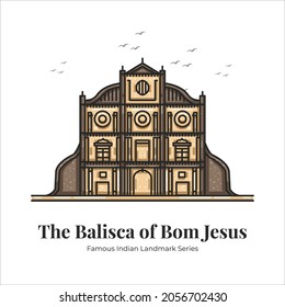 Basilisca of Bom Jesus Indian Famous Iconic Landmark Cartoon Line Art Illustration